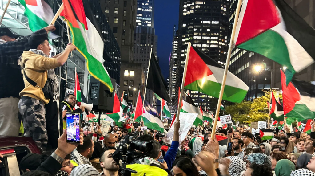 The United States: Protests in New York to condemn the massacres of the Zionist occupation against the Palestinian people